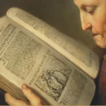 An older woman in a fur-trimmed cap leans over a large open book, holding the printed pages up to the light; a small woodcut illustration sits in the lower column.
