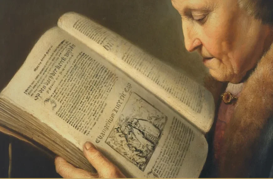 An older woman in a fur-trimmed cap leans over a large open book, holding the printed pages up to the light; a small woodcut illustration sits in the lower column.