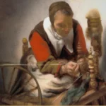 Detail of a seventeenth-century painting: an old woman in a red bodice and white collar sits at a spinning wheel, her hands drawing thread from the distaff.