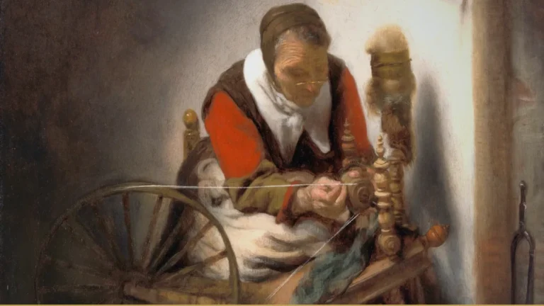 Detail of a seventeenth-century painting: an old woman in a red bodice and white collar sits at a spinning wheel, her hands drawing thread from the distaff.