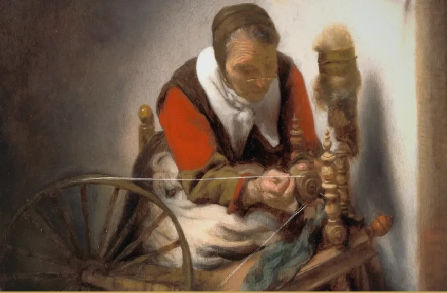 Detail of a seventeenth-century painting: an old woman in a red bodice and white collar sits at a spinning wheel, her hands drawing thread from the distaff.