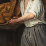 Detail of a Dutch genre painting: a woman stands at a wooden counter heaped with loaves and rolls, a boy watching from behind her.