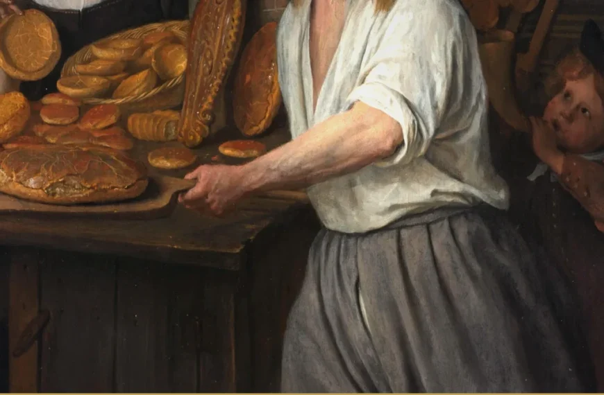 Detail of a Dutch genre painting: a woman stands at a wooden counter heaped with loaves and rolls, a boy watching from behind her.