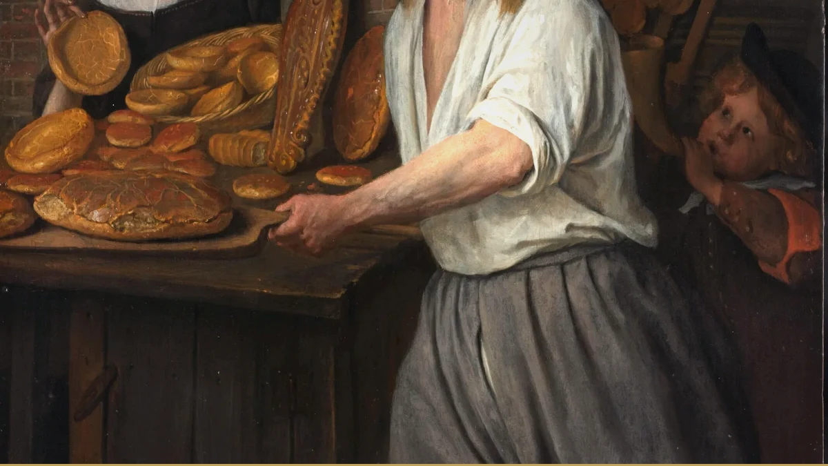 Detail of a Dutch genre painting: a woman stands at a wooden counter heaped with loaves and rolls, a boy watching from behind her.
