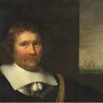 Detail of a Dutch portrait: a seated gentleman in a broad white collar and gold chain, a sailing ship at sea framed in the window behind.