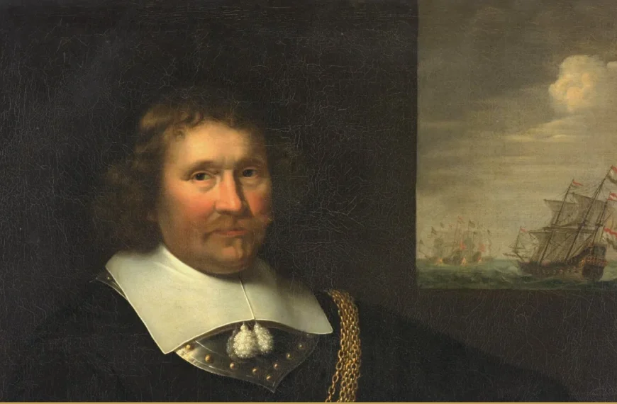 Detail of a Dutch portrait: a seated gentleman in a broad white collar and gold chain, a sailing ship at sea framed in the window behind.