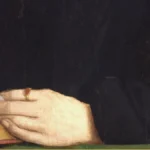 Detail of a Renaissance portrait: two pale hands rest on the pages of an open book against dark clothing, one finger wearing a plain ring.
