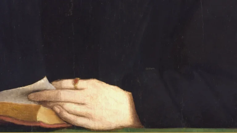 Detail of a Renaissance portrait: two pale hands rest on the pages of an open book against dark clothing, one finger wearing a plain ring.