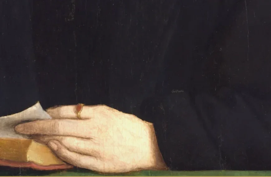 Detail of a Renaissance portrait: two pale hands rest on the pages of an open book against dark clothing, one finger wearing a plain ring.