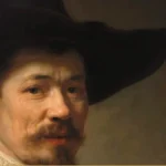 Detail of a Rembrandt portrait: a middle-aged man in a broad black hat and plain white collar looks past the viewer, lit from the left.