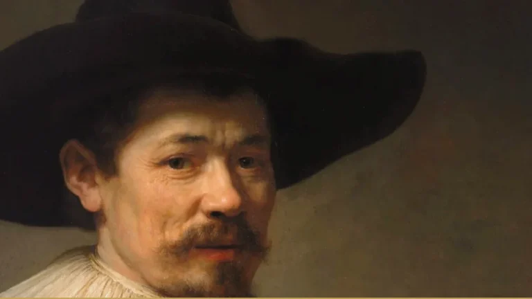 Detail of a Rembrandt portrait: a middle-aged man in a broad black hat and plain white collar looks past the viewer, lit from the left.