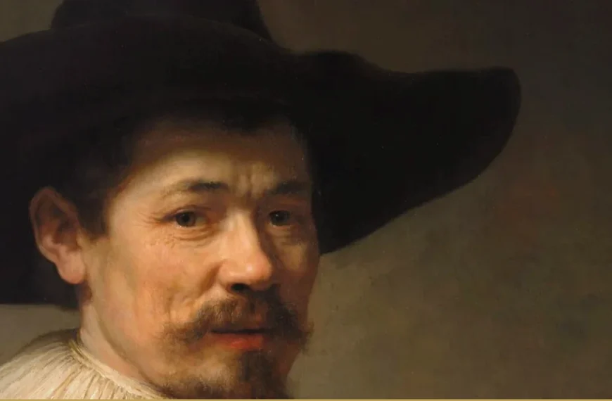 Detail of a Rembrandt portrait: a middle-aged man in a broad black hat and plain white collar looks past the viewer, lit from the left.