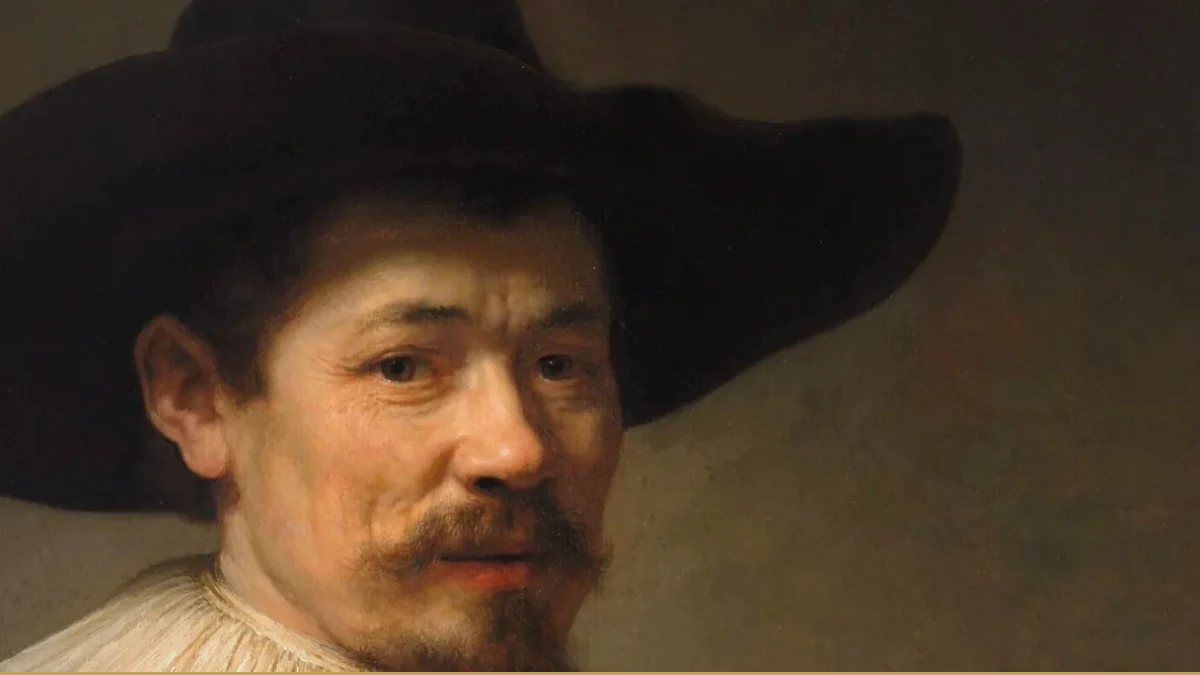 Detail of a Rembrandt portrait: a middle-aged man in a broad black hat and plain white collar looks past the viewer, lit from the left.