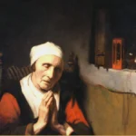Detail of a Dutch painting: an old woman in a white cap and red jacket clasps her hands in prayer beside an hourglass and a ring of keys.