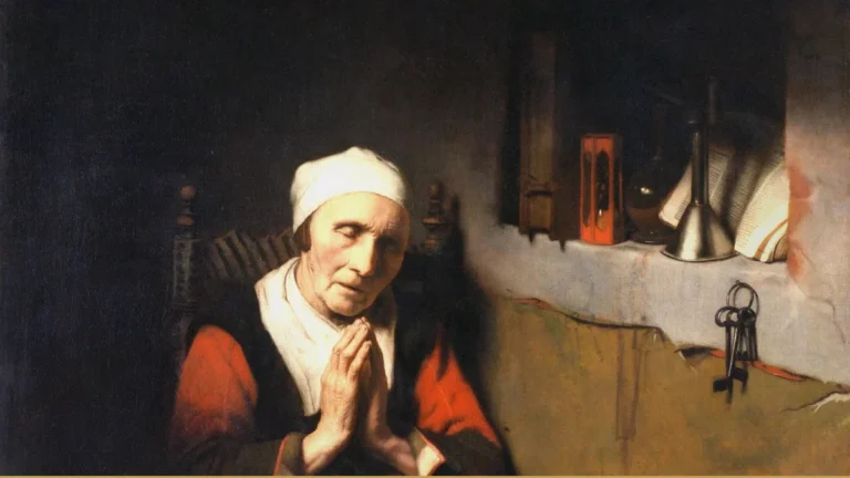 Detail of a Dutch painting: an old woman in a white cap and red jacket clasps her hands in prayer beside an hourglass and a ring of keys.