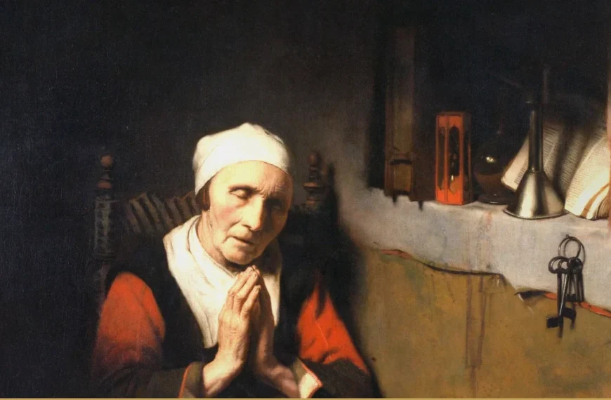 Detail of a Dutch painting: an old woman in a white cap and red jacket clasps her hands in prayer beside an hourglass and a ring of keys.