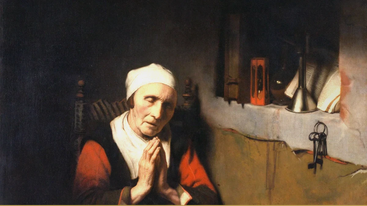 Detail of a Dutch painting: an old woman in a white cap and red jacket clasps her hands in prayer beside an hourglass and a ring of keys.