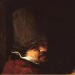 Detail of an Ostade painting: a man in a tall hat leans in the dark doorway of a weathered building, seen from outside.