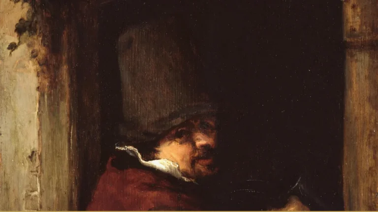 Detail of an Ostade painting: a man in a tall hat leans in the dark doorway of a weathered building, seen from outside.