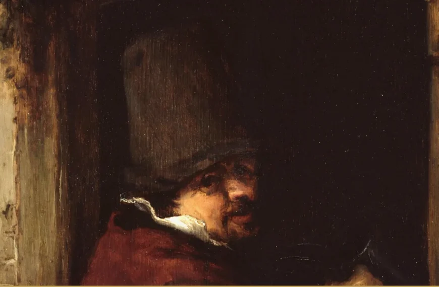 Detail of an Ostade painting: a man in a tall hat leans in the dark doorway of a weathered building, seen from outside.