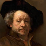 Detail of a Rembrandt self-portrait: an older man in a dark beret, grey hair loose at the temples, looking straight out at the viewer.