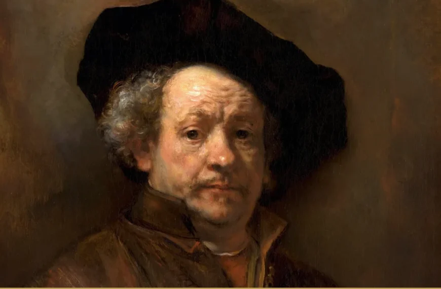 Detail of a Rembrandt self-portrait: an older man in a dark beret, grey hair loose at the temples, looking straight out at the viewer.