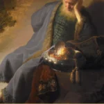 Detail of a Rembrandt painting: an old man in a blue robe leans his head on his hand beside a gleaming silver vessel and heaped gold.