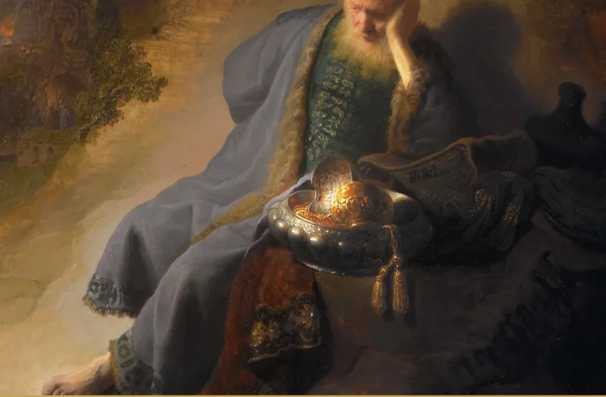 Detail of a Rembrandt painting: an old man in a blue robe leans his head on his hand beside a gleaming silver vessel and heaped gold.