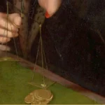 Detail of a seventeenth-century painting: a hand holds a small brass balance scale above a green table where gold coins lie stacked.