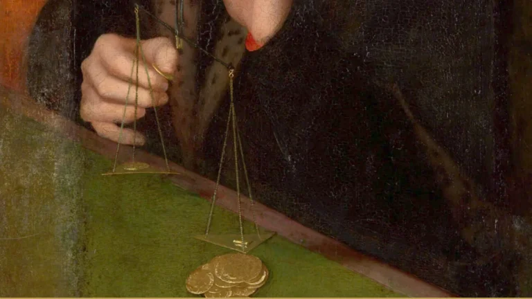 Detail of a seventeenth-century painting: a hand holds a small brass balance scale above a green table where gold coins lie stacked.