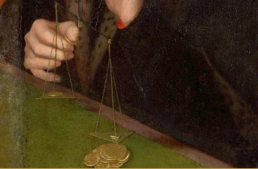 Detail of a seventeenth-century painting: a hand holds a small brass balance scale above a green table where gold coins lie stacked.