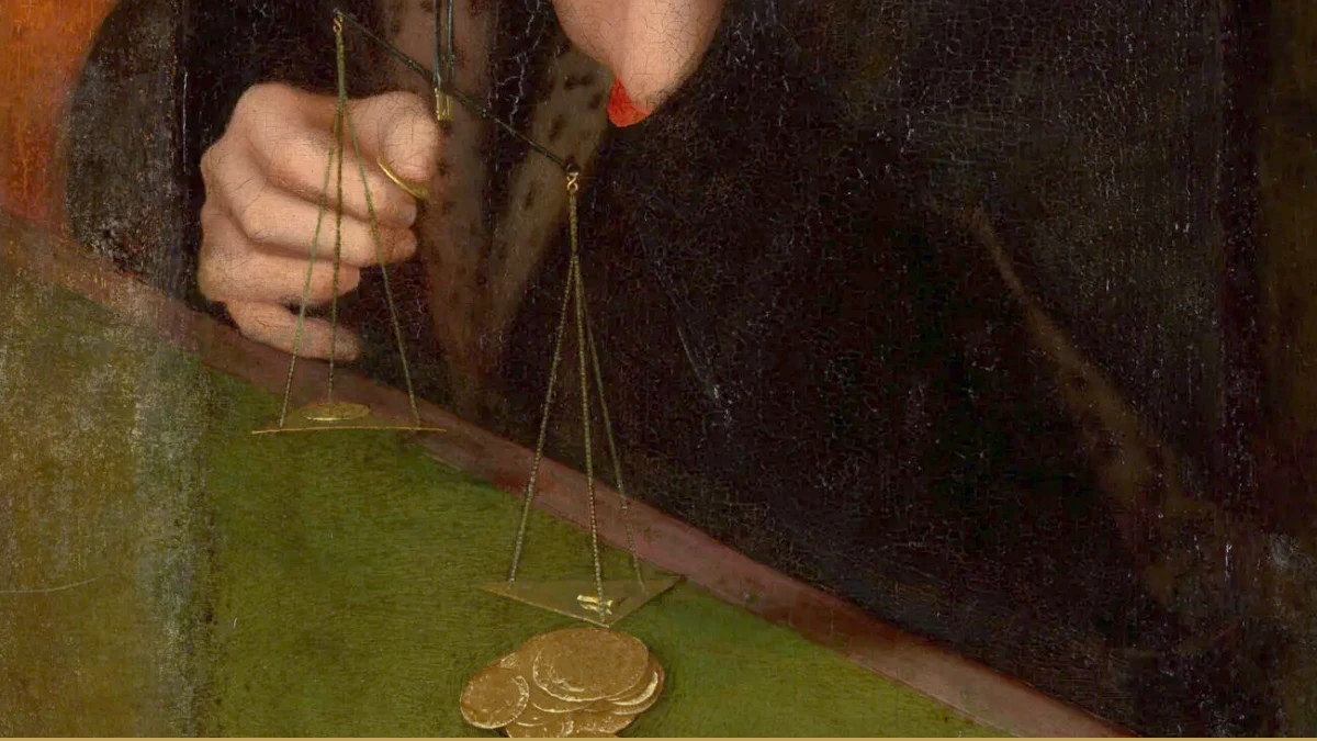 Detail of a seventeenth-century painting: a hand holds a small brass balance scale above a green table where gold coins lie stacked.