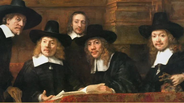 Four men in wide black hats and white collars sit behind a red covered table with an open ledger; a bareheaded man stands among them, all looking out