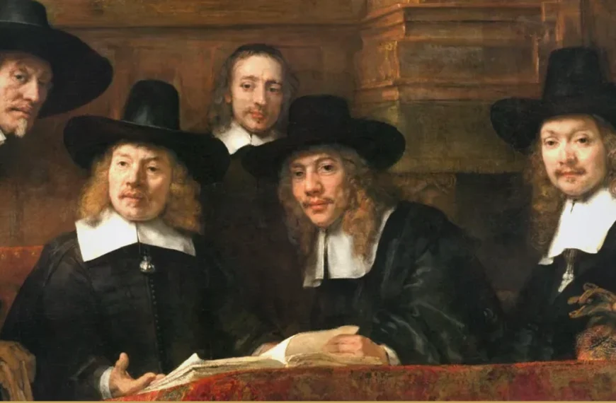 Four men in wide black hats and white collars sit behind a red covered table with an open ledger; a bareheaded man stands among them, all looking out