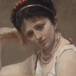 Detail of a Corot painting: a young woman with a coral headband and necklace rests her cheek on her hand and looks down.