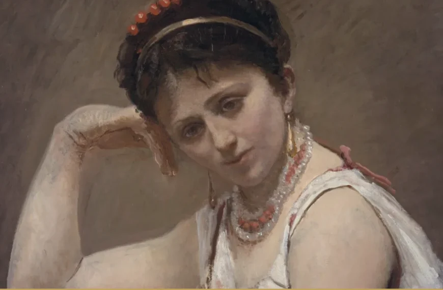 Detail of a Corot painting: a young woman with a coral headband and necklace rests her cheek on her hand and looks down.