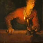 Detail of a Dutch painting: a woman leans out of a stone window at night, holding a lit oil lamp that throws her face into warm light.