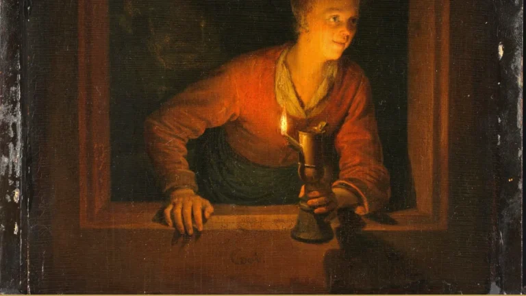 Detail of a Dutch painting: a woman leans out of a stone window at night, holding a lit oil lamp that throws her face into warm light.
