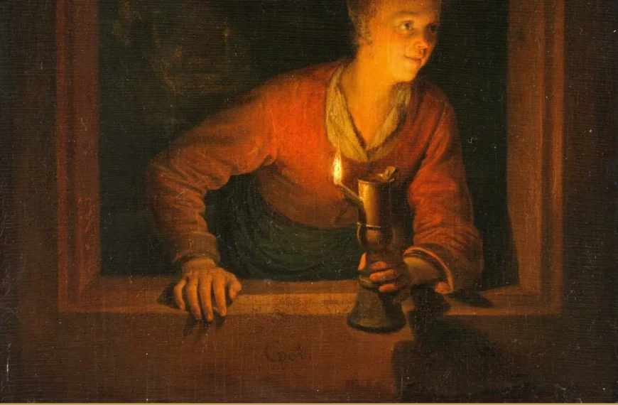 Detail of a Dutch painting: a woman leans out of a stone window at night, holding a lit oil lamp that throws her face into warm light.