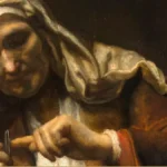 Detail of a Rembrandt painting: an elderly woman in a white headcloth and rust-red robe bows her head and trims her nails with a small blade.