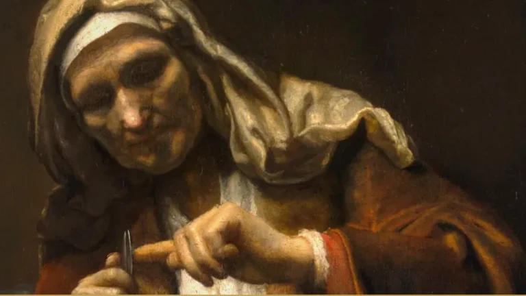 Detail of a Rembrandt painting: an elderly woman in a white headcloth and rust-red robe bows her head and trims her nails with a small blade.
