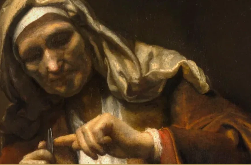 Detail of a Rembrandt painting: an elderly woman in a white headcloth and rust-red robe bows her head and trims her nails with a small blade.