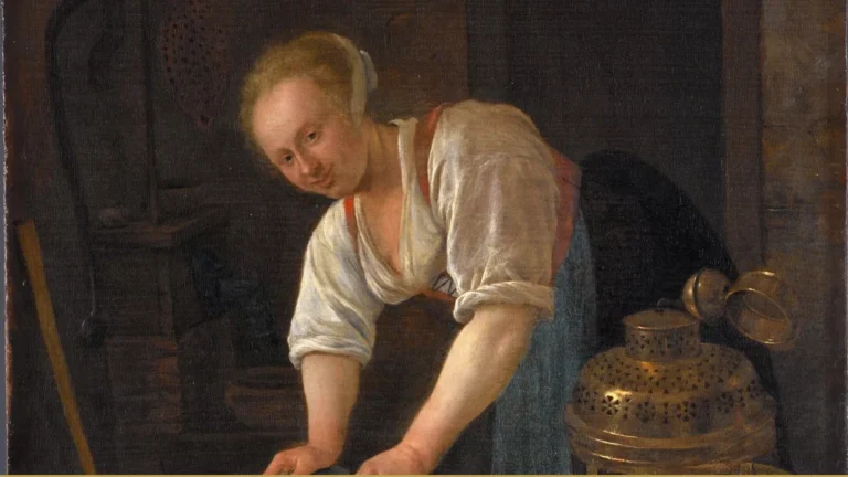 Detail of a Dutch genre painting: a young woman in a white blouse bends over a brass foot warmer in a kitchen and looks up at the viewer.
