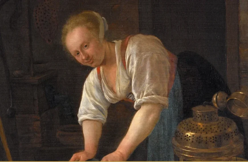 Detail of a Dutch genre painting: a young woman in a white blouse bends over a brass foot warmer in a kitchen and looks up at the viewer.