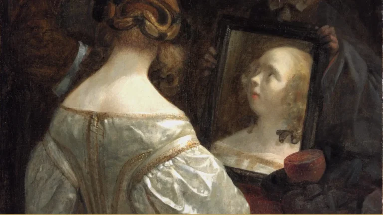 Detail of a Dutch genre painting: a woman in white satin, seen from behind at her dressing table, her face reflected in a small mirror.