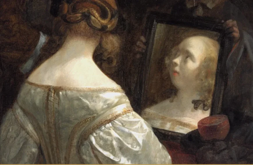 Detail of a Dutch genre painting: a woman in white satin, seen from behind at her dressing table, her face reflected in a small mirror.