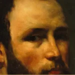 Detail of a Courbet portrait: a bearded man's face lit sharply from the left, the top of his head cropped by the frame.