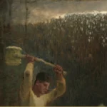 Detail of a nineteenth-century painting: a young man swings a scythe overhead in a field of tall reeds under an evening sky.