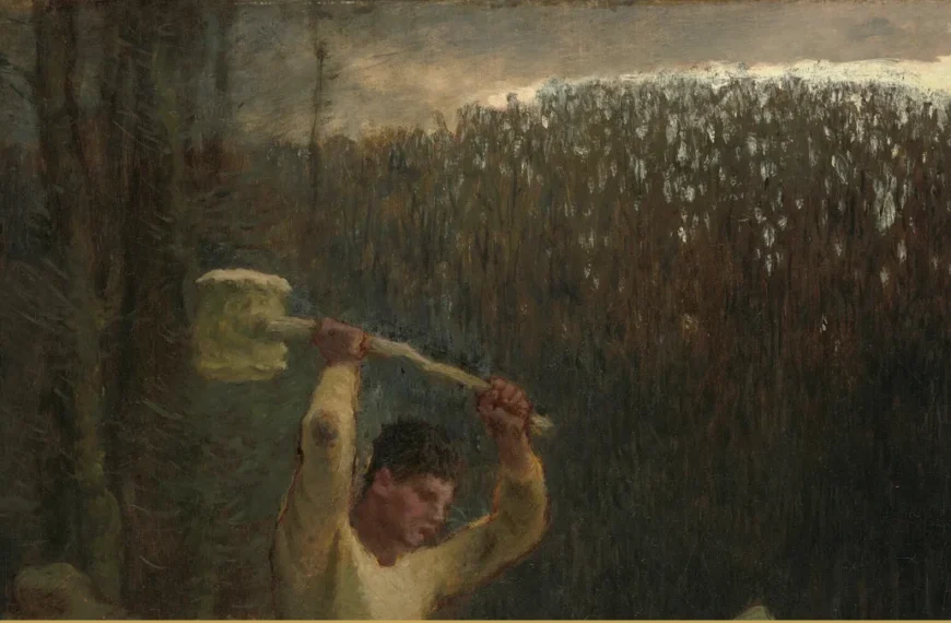 Detail of a nineteenth-century painting: a young man swings a scythe overhead in a field of tall reeds under an evening sky.