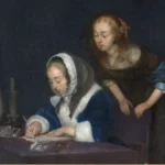 Detail of ter Borch's Curiosity: a seated young woman writes a letter with a quill while two women read over her shoulder.